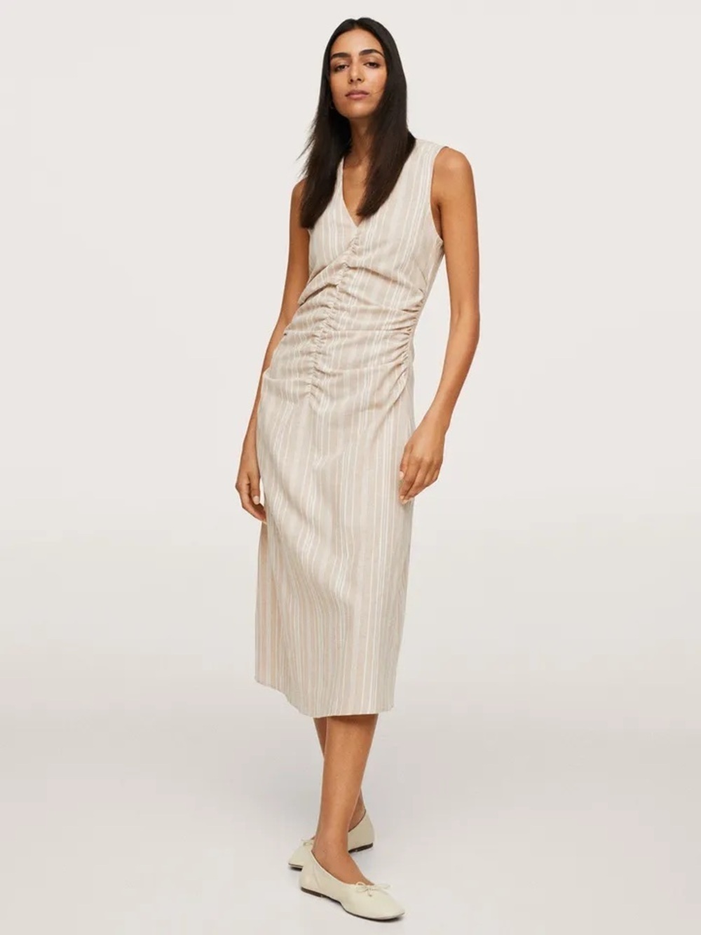 NWT Mango Ruched Linen Dress Beige Striped $140. Sleeveless Size 8